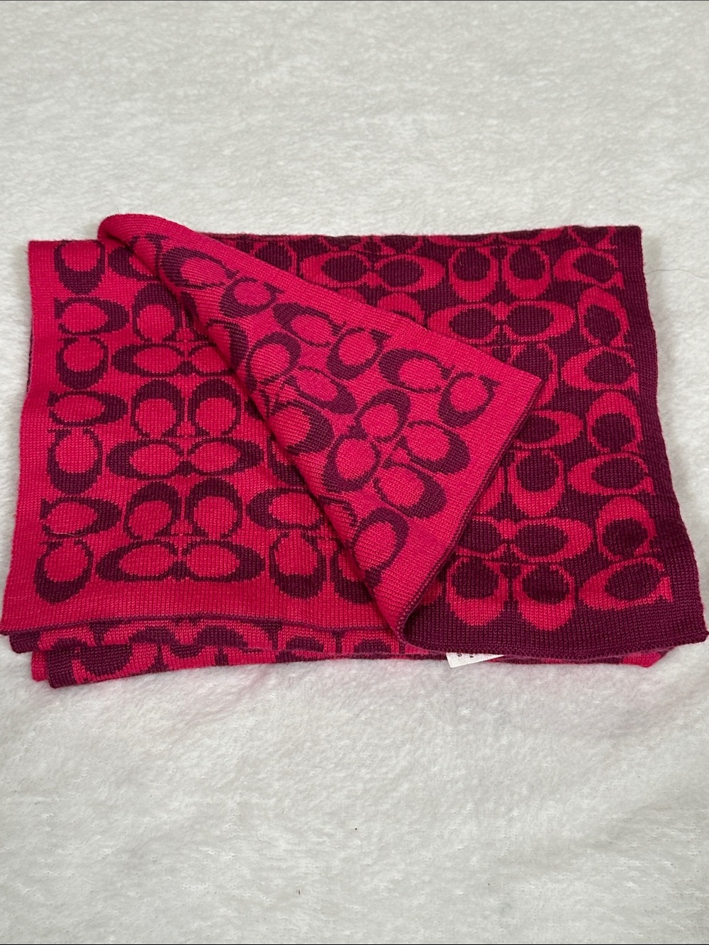 Coach Reversible Jacquard Logo Merino Wool Scarf in Hot Pink and Burgundy